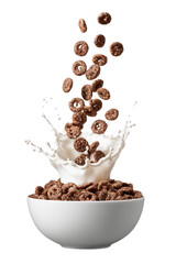 Chocolate Cereal with Milk Splash in White Bowl on Transparent Background