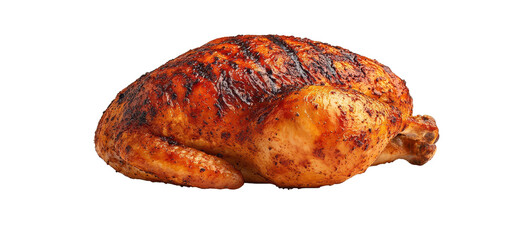 Whole Roasted Chicken with Crispy Skin and Juicy Meat on a White Background for Culinary and Cooking Themes