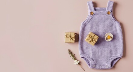 Cozy baby romper in muted tones, gift box, and pacifier laid out on plush backdrop.