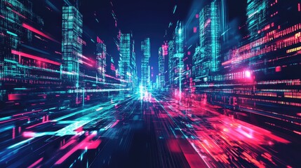Futuristic city street scene with digital code and motion blur.