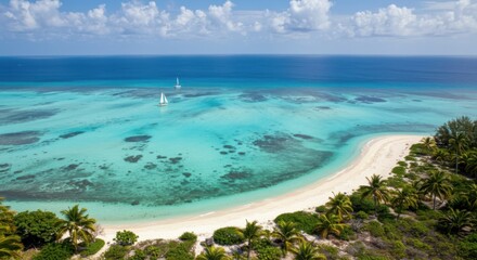 Obraz premium Dreamy white-sand beach bordered by vibrant turquoise waters in a tropical setting.