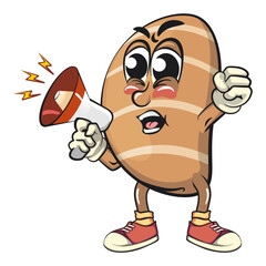 cute salted butter roll mascot cartoon vector illustration out loud with loudspeaker, bakery bread character with happy face and red shoes isolated on transparant backnground, work of hand drawn