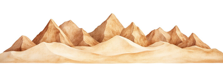 Beautiful hand-painted desert landscape featuring soft sand dunes and rugged mountains in warm earthy tones for artistic backgrounds