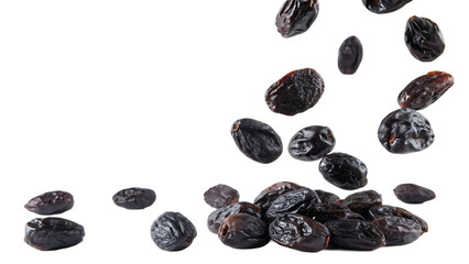 Flying falling prunes isolated on a white background PNG. AI GENERATED.