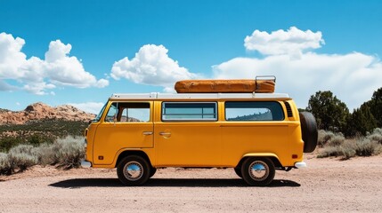 A bright vintage yellow camper van parked on a dusty road surrounded by stunning desert scenery under a blue sky with fluffy clouds, perfect for travel enthusiasts.