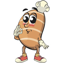 cute salted butter roll mascot cartoon vector illustration chef gives delicious sign, bakery bread character with happy face and red shoes isolated on transparant backnground, work of hand drawn