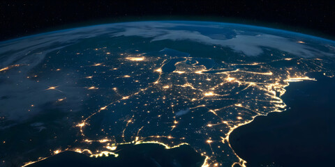 Fototapeta premium Nighttime glowing city clusters on Earth's coastline from space