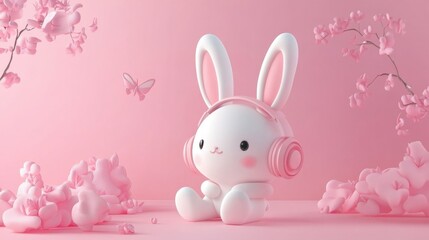 Fototapeta premium This adorable pastel bunny with headphones sits among pink cherry blossoms, blending whimsy and charm. Perfect for spring themes and joyful designs.