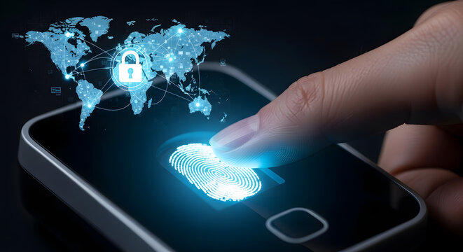 A hand using a fingerprint scanner on a smartphone, with a digital world map overlaying the screen, symbolizing global security and technology. - Powered by Adobe
