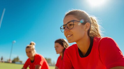 Inspiring female coach develops soccer strategy for her team at sunny sports facility
