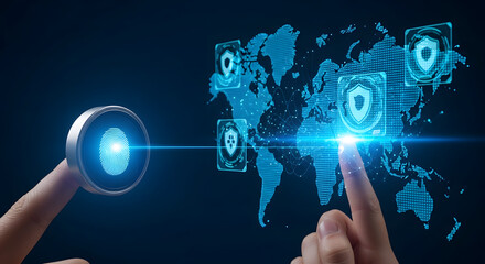 Hands interacting with a digital world map, highlighting global security.