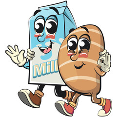 cute salted butter roll mascot cartoon vector illustration walking with a milk box, bakery bread character with happy face and red shoes isolated on transparant backnground, work of hand drawn