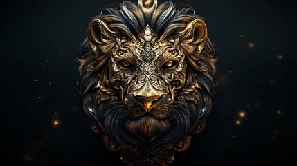 Majestic Fantasy Lion Head With Fiery Mane and Glowing Eyes in Dramatic Artistic Illustration
