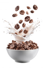Chocolate Cereal with Milk Splash in White Bowl on Transparent Background