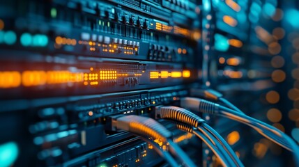 Obraz premium Data Center With Network Equipment and Glowing Cables Highlighting Advanced Technology in High-Tech Server Room
