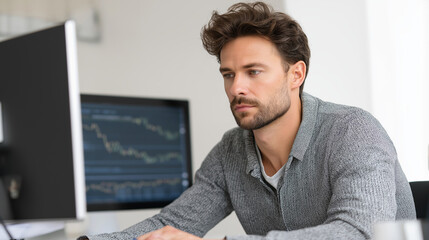 Low angle view of hipster trader analyzing stock market trends for online investments in modern workspace