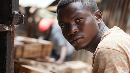 A young man looks intently in a workshop, showcasing dedication to craftsmanship. His focused expression highlights the importance of skilled labor in various industries.