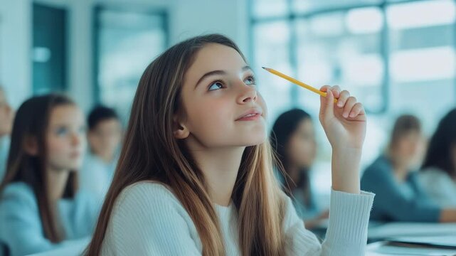 Schoolgirl smiling brightly while having a new idea during class, holding a pencil next to her head, with engaged classmates in the background, showcasing a moment of inspiration and creativity