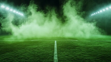 Toxic Green Fog Looms Over Soccer Field With Bright White Goalposts in Spooky and Ominous Atmosphere at Night