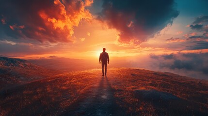 Obraz premium A Man Walking Uphill Gazing at Sunset With Dramatic Sky and Golden Light Reflecting on Open Field in Scenic Landscape