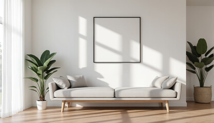 Minimalist Living Room Interior - Modern White Sofa with Potted Plants and Empty Frame for Home Decor, Interior Design, and Real Estate Marketing