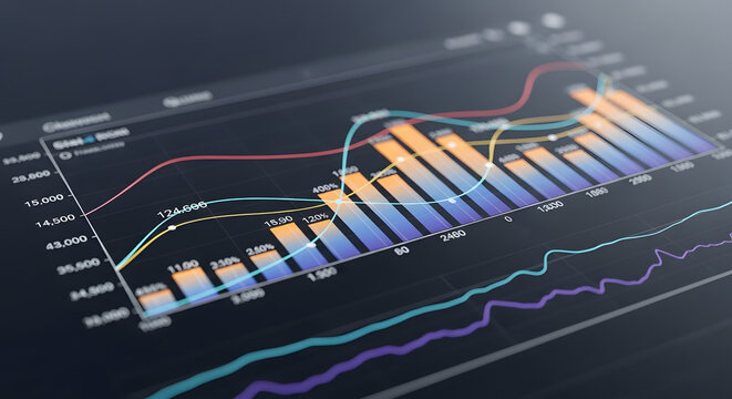 An abstract visualization of financial data, displaying charts and graphs on a screen.