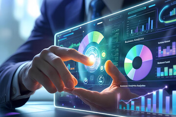 Businessman interacting with futuristic digital interface displaying financial data and charts