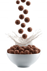 Chocolate Cereal with Milk Splash in White Bowl on Transparent Background