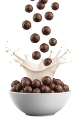 Chocolate Cereal with Milk Splash in White Bowl on Transparent Background