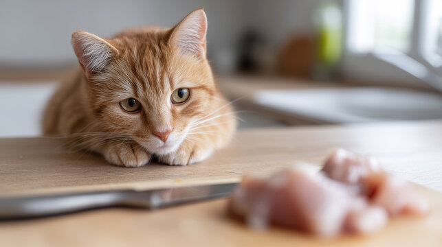 Ginger cat watches raw chicken being cut in a minimalist kitchen setting with an intense expression of hunger and anticipation