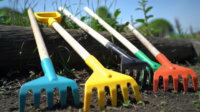 Close-up of colorful toy rakes lined up on dirt near a log, under a blue sky