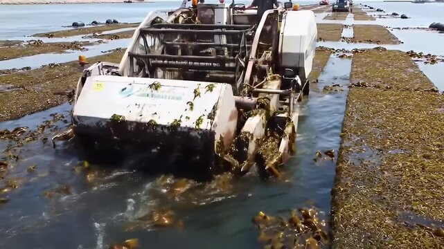 Harvesting machine in water collecting seaweed and kelp along rows of submerged land