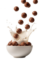 Chocolate Cereal with Milk Splash in White Bowl on Transparent Background