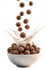Chocolate Cereal with Milk Splash in White Bowl on Transparent Background