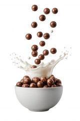 Chocolate Cereal with Milk Splash in White Bowl on Transparent Background