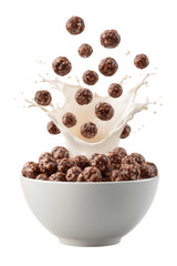 Chocolate Cereal with Milk Splash in White Bowl on Transparent Background