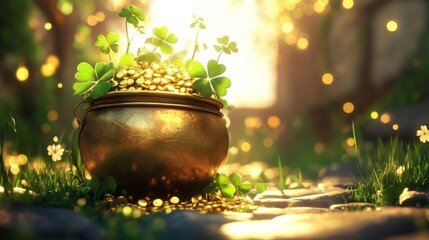 Golden Pot Filled With Gold Coins And Shamrocks