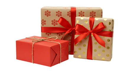 Obraz premium Three wrapped gifts with ribbons, snowflakes, and polka dots on a black backdrop isolated on transparent background