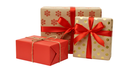 Three wrapped gifts with ribbons, snowflakes, and polka dots on a black backdrop isolated on transparent background