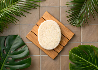 Natural loofah pad on wooden tile with greenery flatlay