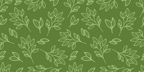 Hand drawn green leaf seamless pattern. Floral line art for art deco, wallpaper, print, fabric, background.