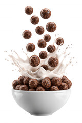 Chocolate Cereal with Milk Splash in White Bowl on Transparent Background