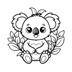 Cute Koala Coloring Page – Adorable Baby Koala Holding Heart with Leaves, Black and White Printable Animal Art for Kids