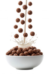 Chocolate Cereal with Milk Splash in White Bowl on Transparent Background