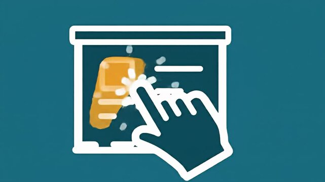 Stylized icon of a hand tapping a digital interface; teal background