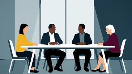 Four individuals seated at table in a bright, neutral conference room setting