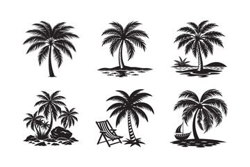 silhouette palm tree with beach chair nearby set bundle on the white background