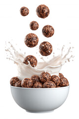 Chocolate Cereal with Milk Splash in White Bowl on Transparent Background