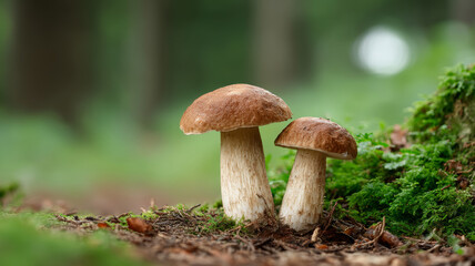 Two summer cep mushrooms growing amidst green forest foliage with soft natural light, perfect for minimalist nature enthusiasts