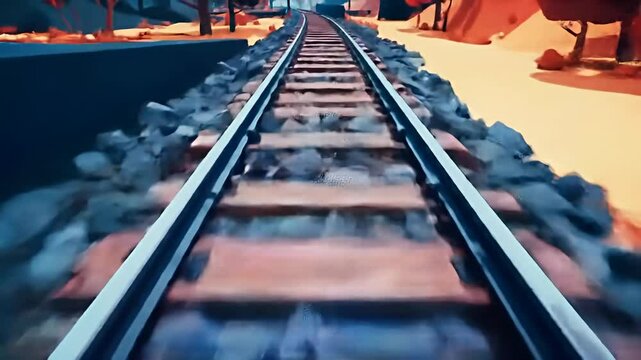 Railroad tracks recede into the distance with rock ballast and stylized landscape